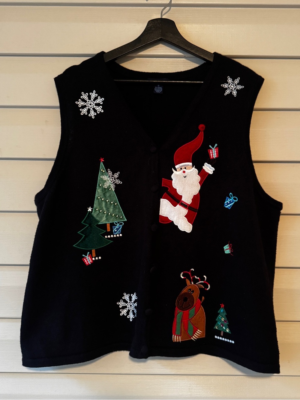 VTG Westbound Woman Christmas Sweater Vest 1X Black Santa Reindeer Ugly Holiday